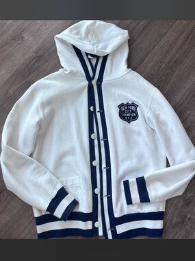 White Hooded Sweater/Jacket with Navy Stripe Trim